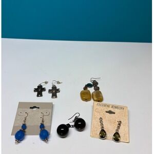 Mixed Fashion Earring Lot 5 Pairs Gothic Cross Blue Bead Black‎ Orb Green CZ